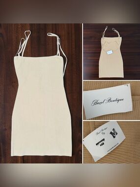 New Hazel Boutique Beige Ribbed Knit Bodycon Mini Dress Cream Spaghetti Strap M